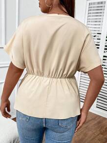 SHEIN Privé Plus Notched Neck Batwing Sleeve Peplum Blouse - Apricot - View 3