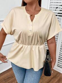 SHEIN Privé Plus Notched Neck Batwing Sleeve Peplum Blouse - Apricot - View 1