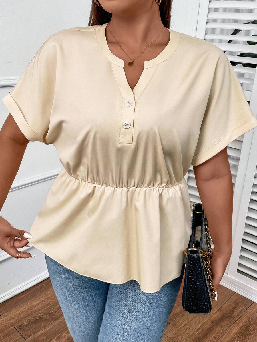 SHEIN Privé Plus Notched Neck Batwing Sleeve Peplum Blouse - Apricot - View 1