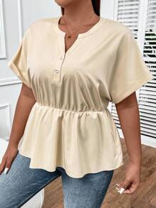 SHEIN Privé Plus Notched Neck Batwing Sleeve Peplum Blouse - Apricot - View 4