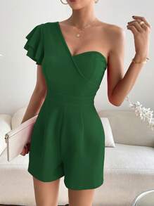 SHEIN Privé Áo liền quần nữ phân lớp màu trơn Giải trí - màu xanh lá - Xem 4