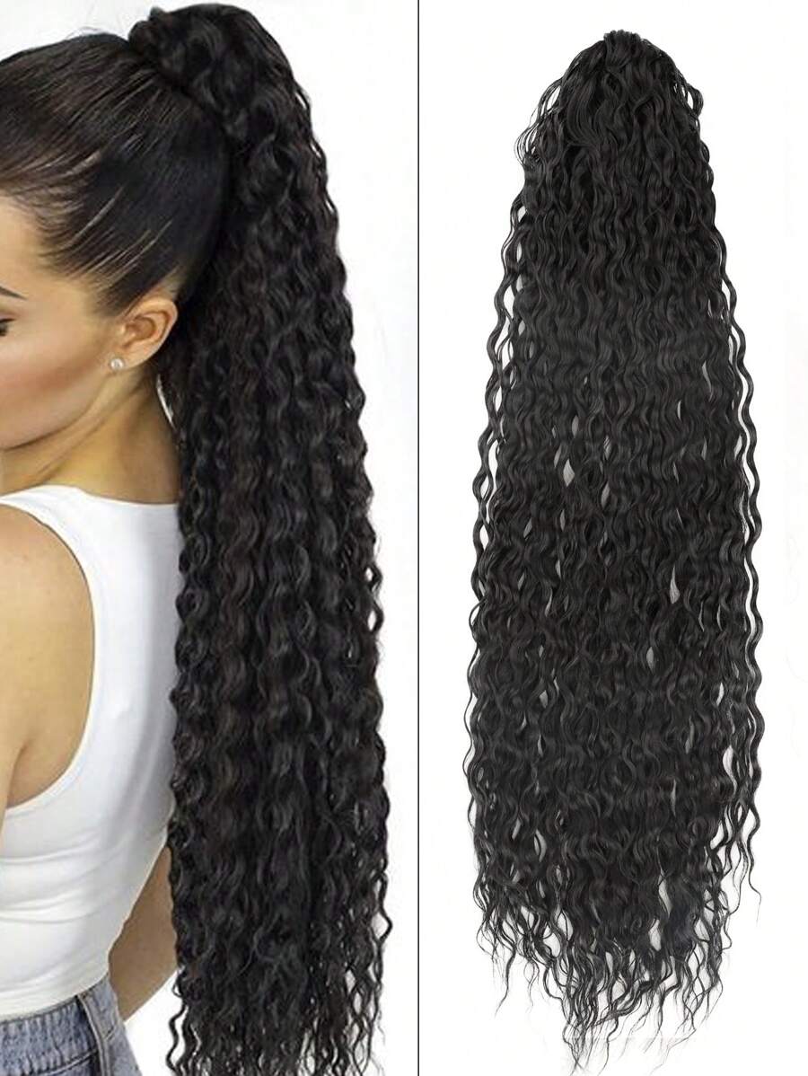 Long Curly Ponytail Synthetic Hair Extension - Black - View 1