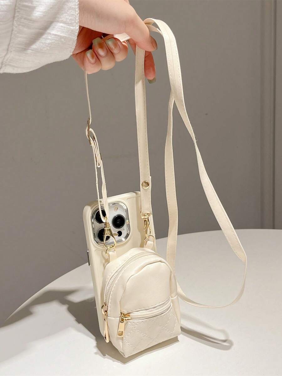 苹果雏菊斜挎手机壳，带手机挂饰，纯色手机壳，带斜挎包，防水防震，防摔，防刮 - 米色 - 查看 1