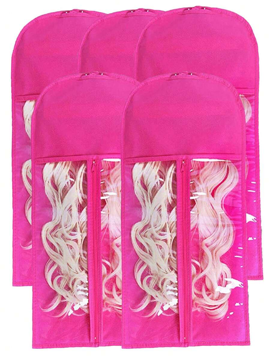 5 piezas portátil a prueba de polvo Extensión del pelo Peluca Bolsa de almacenaje - Rosa Fucsia - Ver 1