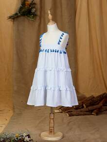 SHEIN 女孩1入組格紋流蘇褶邊吊帶連衣裙 - 淺藍色 - 查看 4