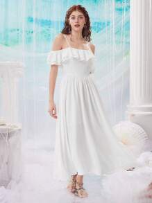 SHEIN MOD Đầm Xù phân lớp Dây kéo màu trơn Boho - trắng - Xem 3