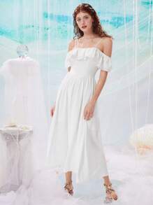 SHEIN MOD Đầm Xù phân lớp Dây kéo màu trơn Boho - trắng - Xem 2