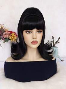 Retro Wavy Flip Beehive Wigs With Flat Bangs Black 12 Inch Short Sexy Women's Bob Wig For Daily Party Use Synthetic Glueless Heat Resistant Fiber Hair High Density 70s Pinup Wig 60s Retro Beehive Flip Wig Fits Vintage Costume School Halloween Thanksgiving Day Christmas Costume Accessories & 1pc Wig Cap - Black - View 5