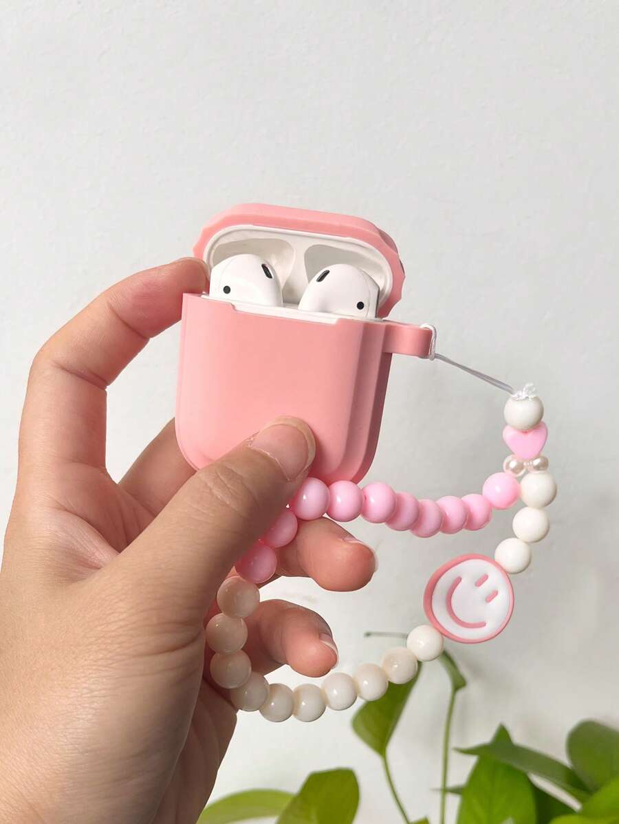 素色殼套帶微笑裝飾手機掛繩適用於Airpods - 粉色 - 查看 1