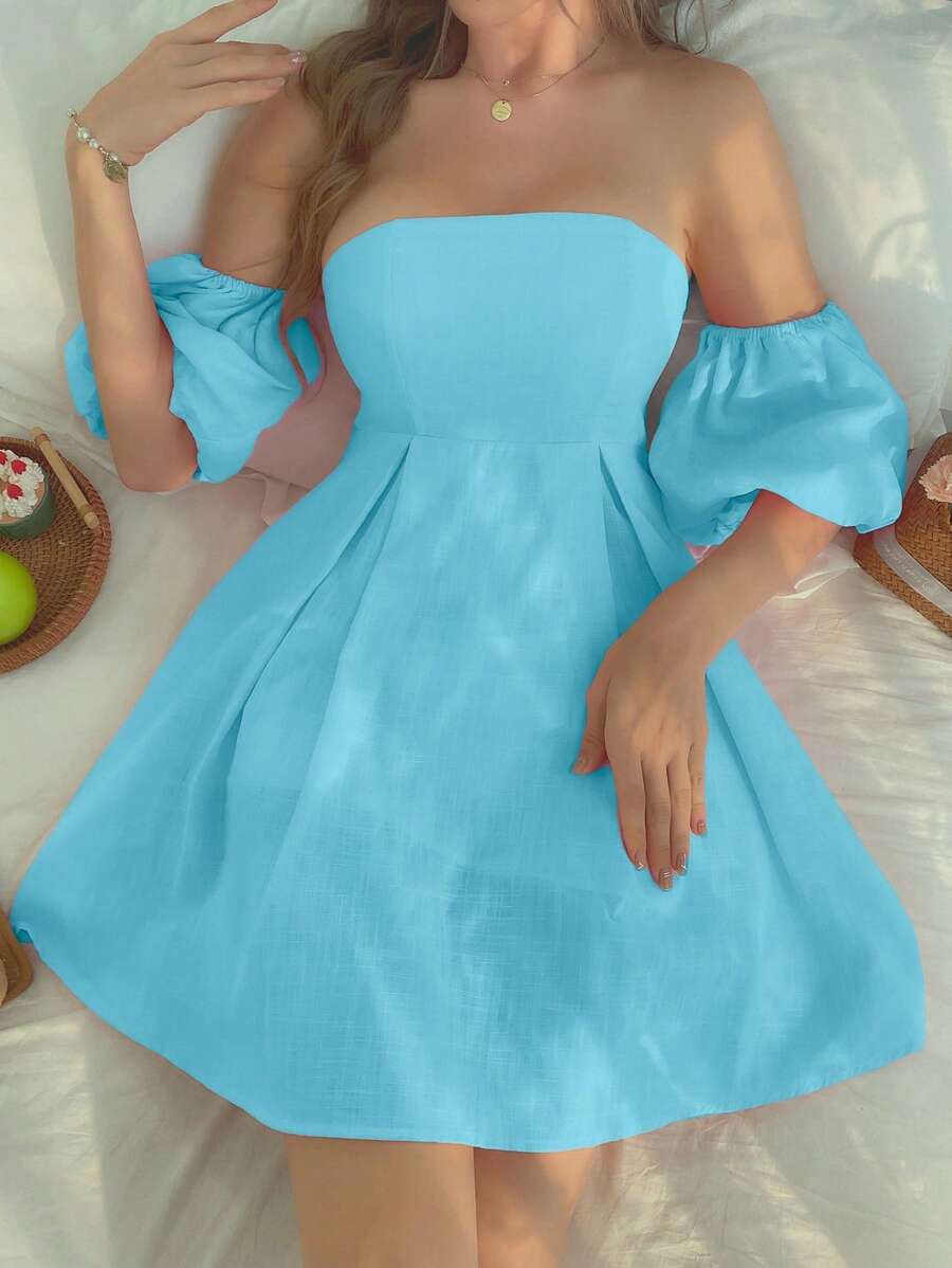 SHEIN VCAY Đầm Xếp li Dây kéo màu trơn Giải trí - Màu xanh lam - Xem 1