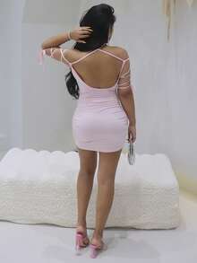 Cut Out Lace Up Ruched Bodycon Dress - Baby Pink - View 2