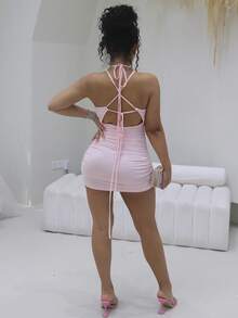Cut Out Lace Up Ruched Bodycon Dress - Baby Pink - View 5