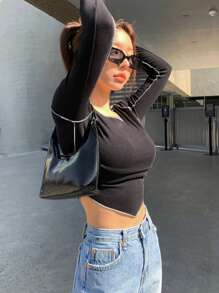 DAZY Áo thun nữ Bất đối xứng màu trơn Giải trí - màu đen - Xem 6