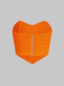 SHEIN MOD Áo nữ Bất đối xứng Xù Dây kéo màu trơn Giải trí - trái cam - Xem 2