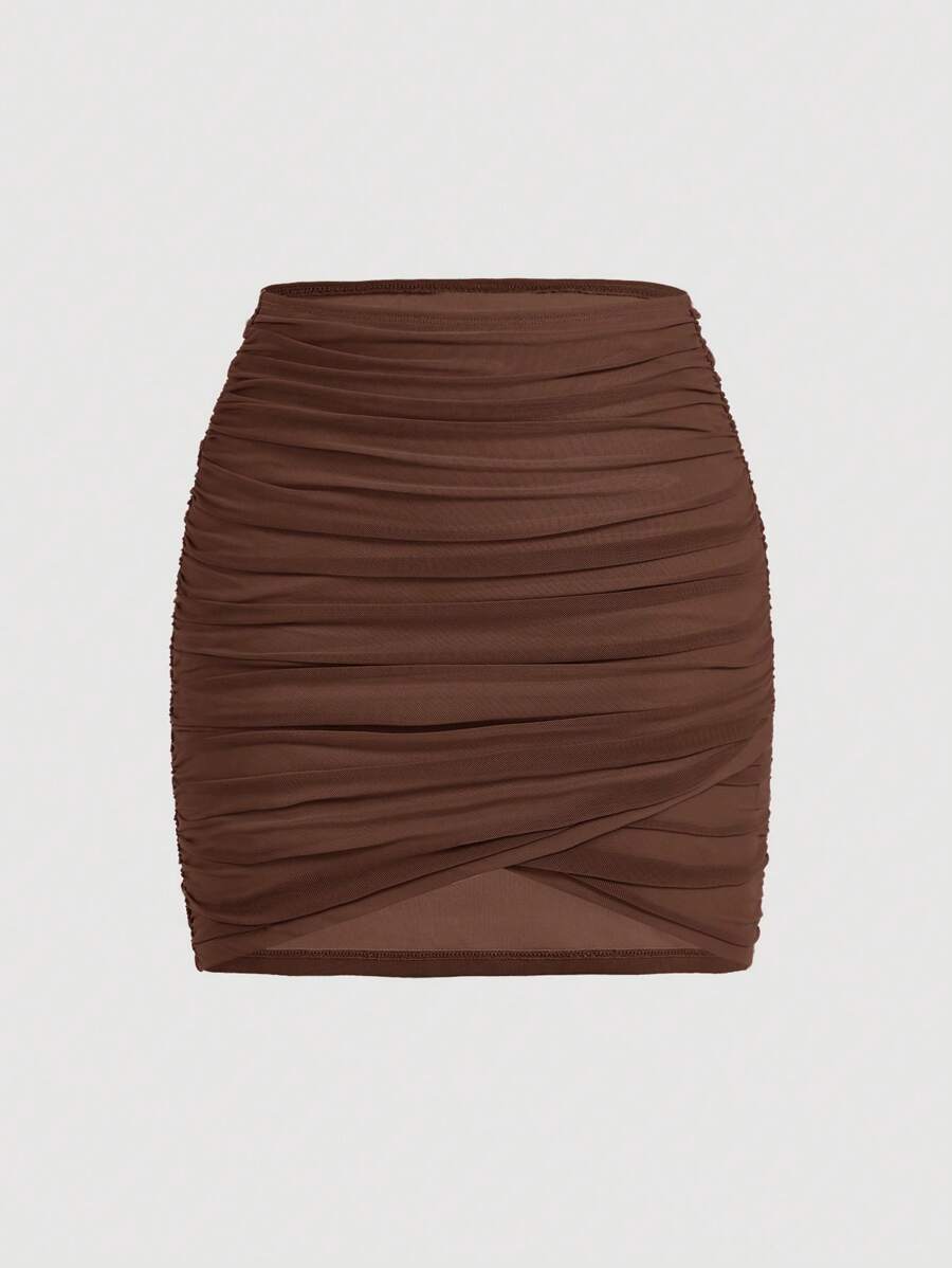 SHEIN MOD Solid Ruched Wrap Mesh Skirt - Chocolate Brown - View 1