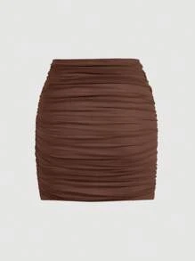 SHEIN MOD Solid Ruched Wrap Mesh Skirt - Chocolate Brown - View 2