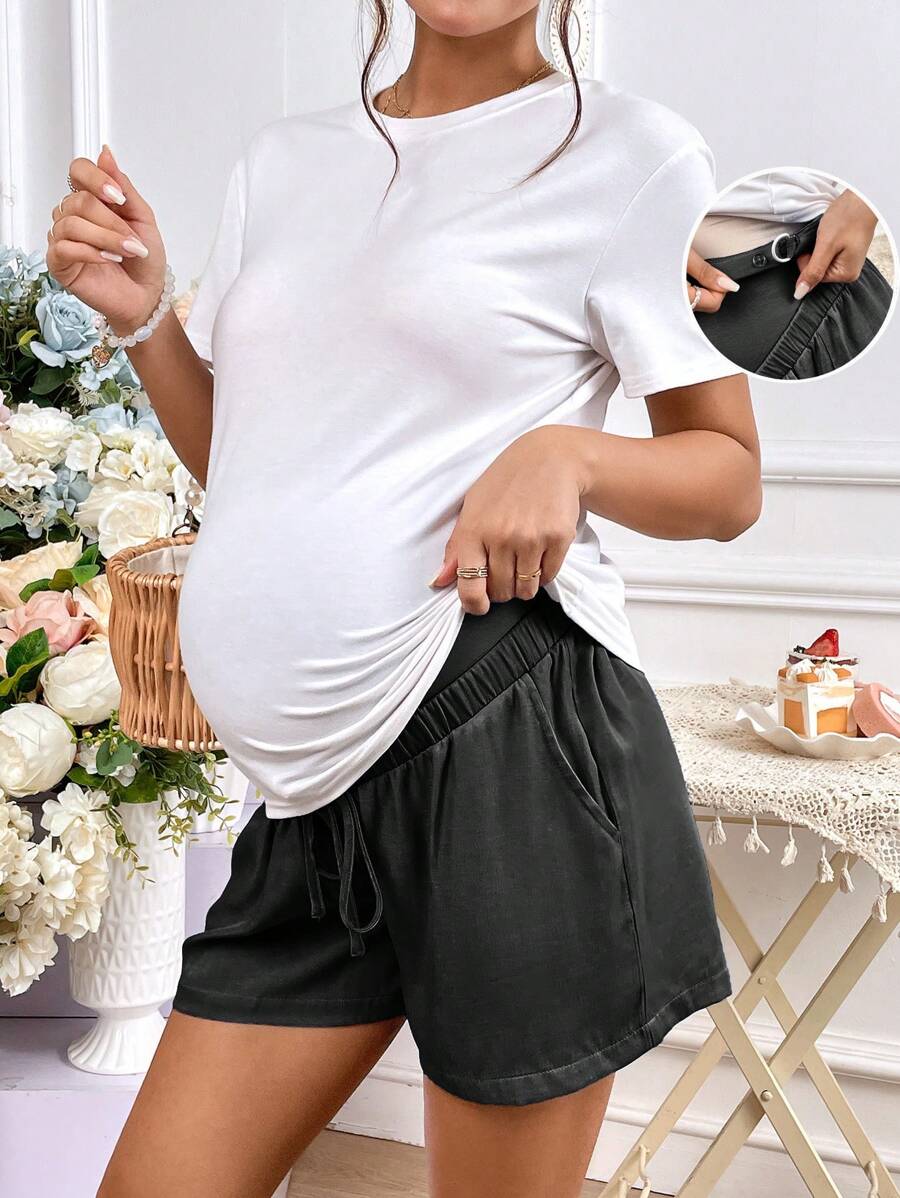 SHEIN 孕婦打結可調節腰圍短褲 - 黑色 - 查看 1