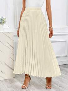 SHEIN Privé Falda fruncido unicolor - Caqui - Ver 1