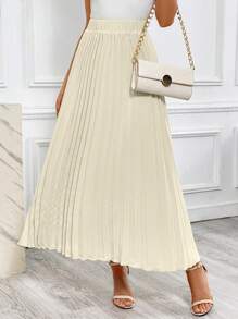 SHEIN Privé Falda fruncido unicolor - Caqui - Ver 3