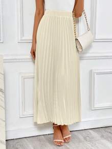 SHEIN Privé Falda fruncido unicolor - Caqui - Ver 4