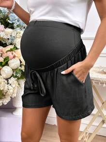 SHEIN 孕婦打結可調節腰圍短褲 - 黑色 - 查看 5