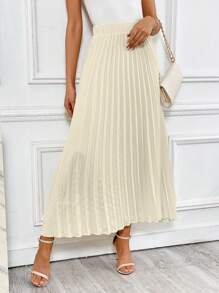 SHEIN Privé Falda fruncido unicolor - Caqui - Ver 5