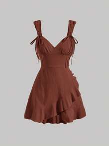 SHEIN MOD Đầm Thắt nút Xù Viên lá sen Trọn gói Dây kéo màu trơn Giải trí - Màu nâu Sô-cô-la - Xem 1