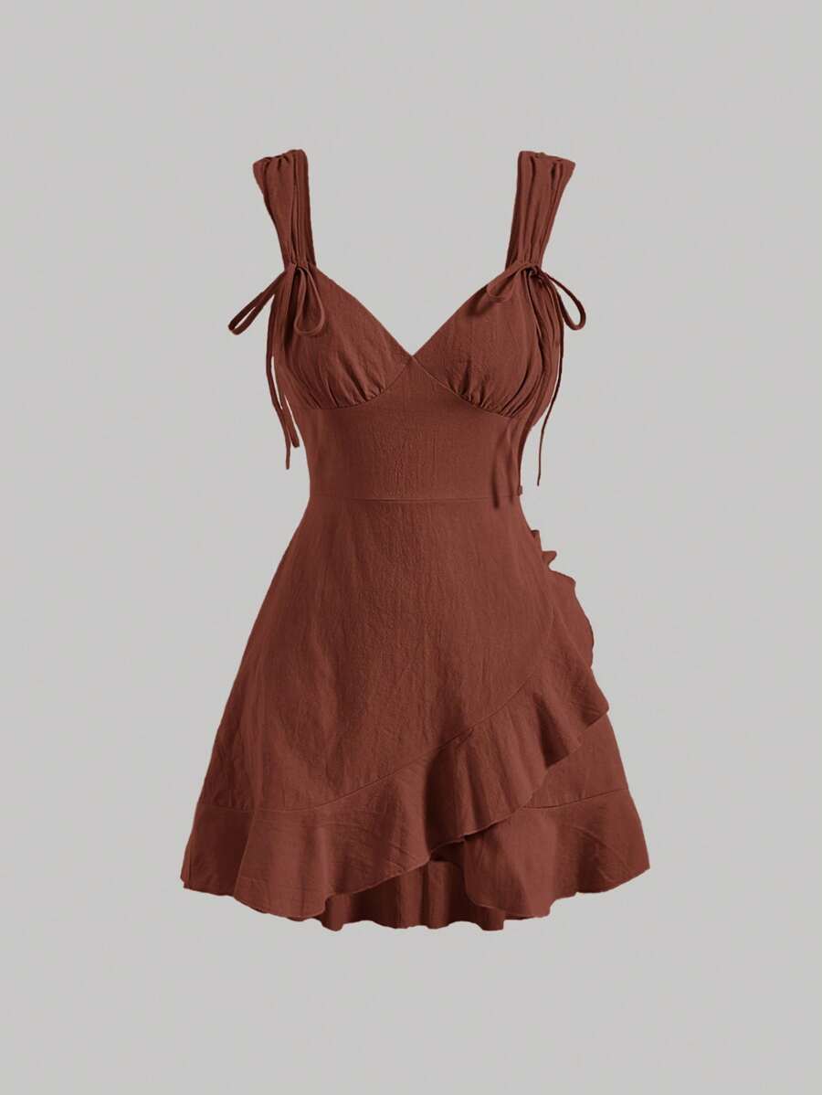 SHEIN MOD Đầm Thắt nút Xù Viên lá sen Trọn gói Dây kéo màu trơn Giải trí - Màu nâu Sô-cô-la - Xem 1