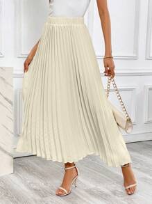 SHEIN Privé Falda fruncido unicolor - Caqui - Ver 6