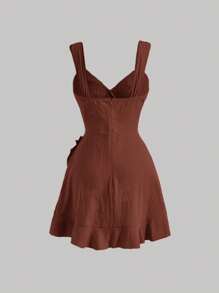 SHEIN MOD Đầm Thắt nút Xù Viên lá sen Trọn gói Dây kéo màu trơn Giải trí - Màu nâu Sô-cô-la - Xem 2