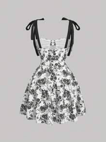 SHEIN MOD Floral Print Tie Shoulder Cami Dress - Black and White - View 2