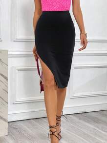 SHEIN Privé Solid Split Thigh Skirt - Black - View 1