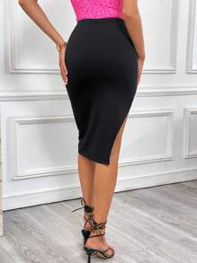 SHEIN Privé Solid Split Thigh Skirt - Black - View 2