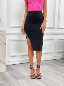 SHEIN Privé Solid Split Thigh Skirt - Black - View 4