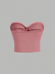 SHEIN MOD Áo nữ xoắn lại Gân đan màu trơn Giải trí - Bụi hồng - Xem 2