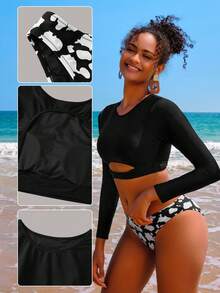 SHEIN Swim Bộ Bikini Nữ Cắt ra Đồ họa - Đen và trắng - Xem 5