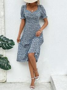 Breezaya 碎花雞心領口泡泡袖連衣裙 - 藍白色 - 查看 1