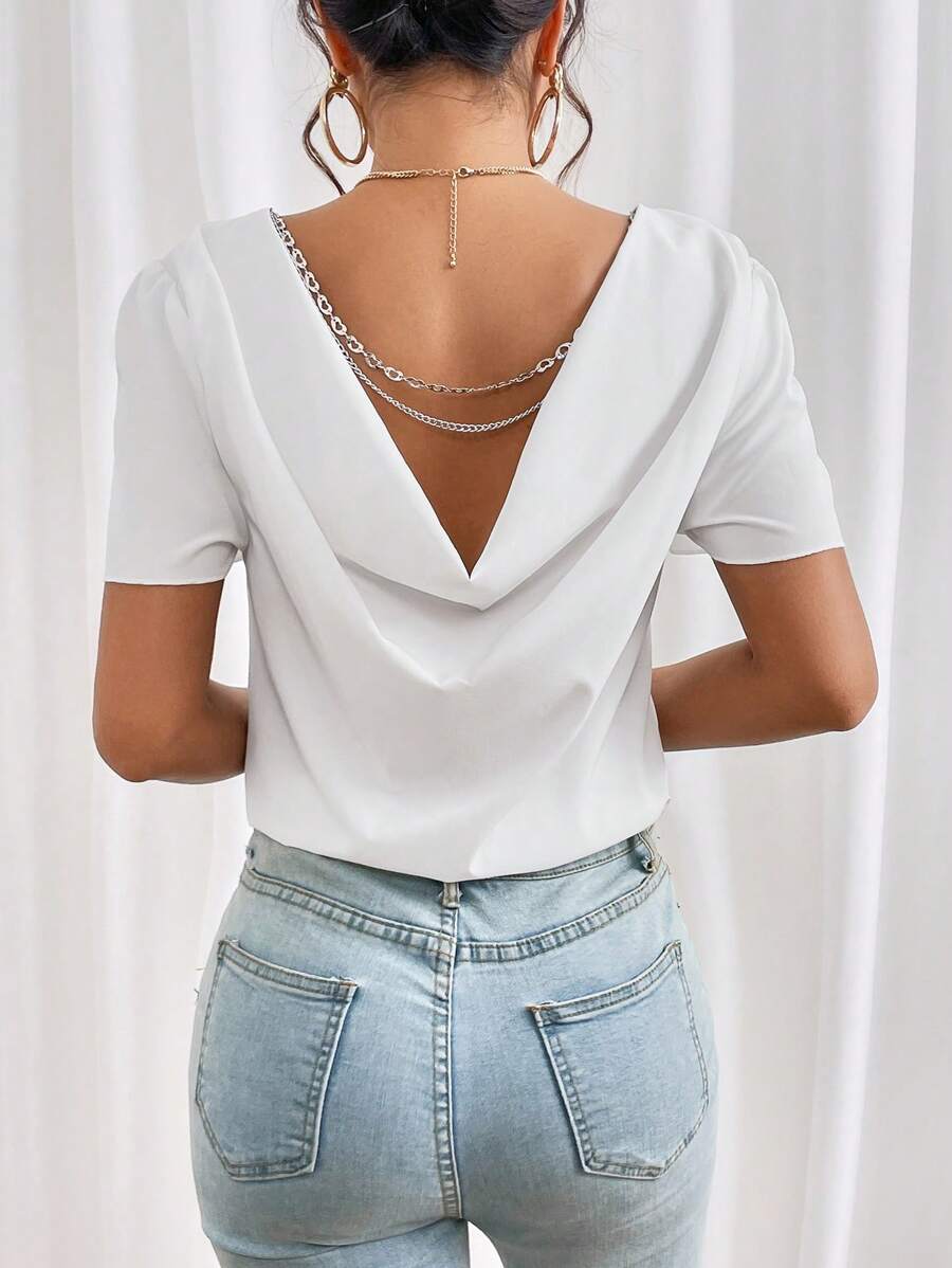SHEIN Privé Áo sơ mi nữ Lộ Lưng Chuỗi Vắt màu trơn Giải trí - trắng - Xem 1