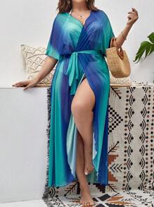 Swim Vcay Plus Ombre Print Belted Mesh Kimono - Blue - View 1