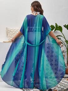 Swim Vcay Plus Ombre Print Belted Mesh Kimono - Blue - View 2