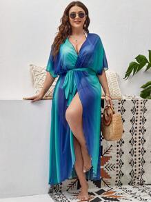 Swim Vcay Plus Ombre Print Belted Mesh Kimono - Blue - View 3