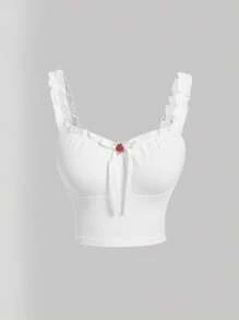 SHEIN MOD 褶邊前蝴蝶結寬背帶上衣 - 白色 - 查看 1