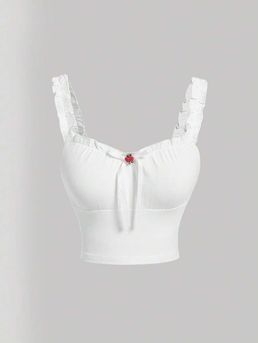 SHEIN MOD 褶邊前蝴蝶結寬背帶上衣 - 白色 - 查看 1