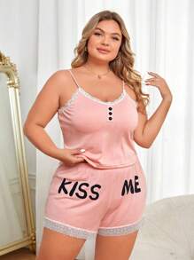 大碼蕾絲拼接吊帶上衣和字母圖案短褲睡衣套裝 - 珊瑚粉 - 查看 3