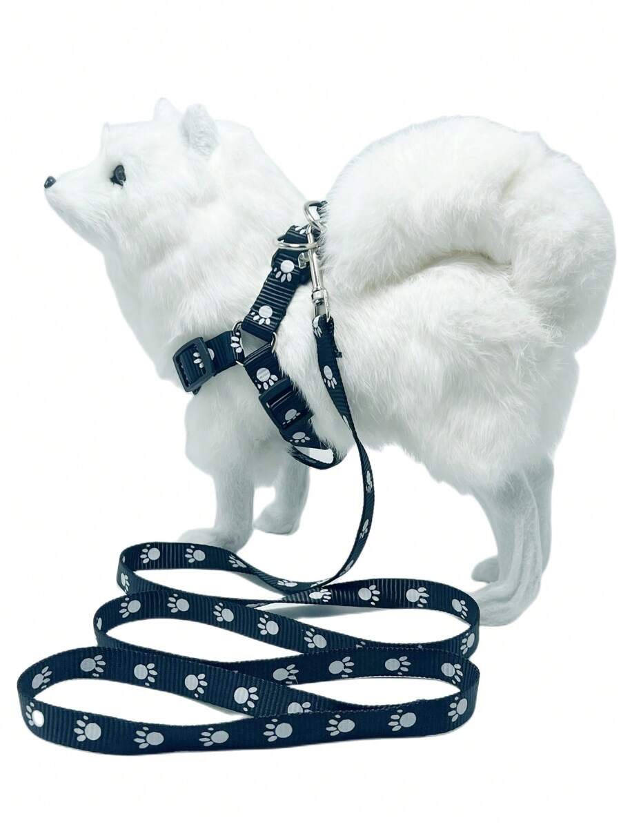 1套爪子圖案寵物背帶和牽引繩適用於貓和小狗 - 黑色 - 查看 1