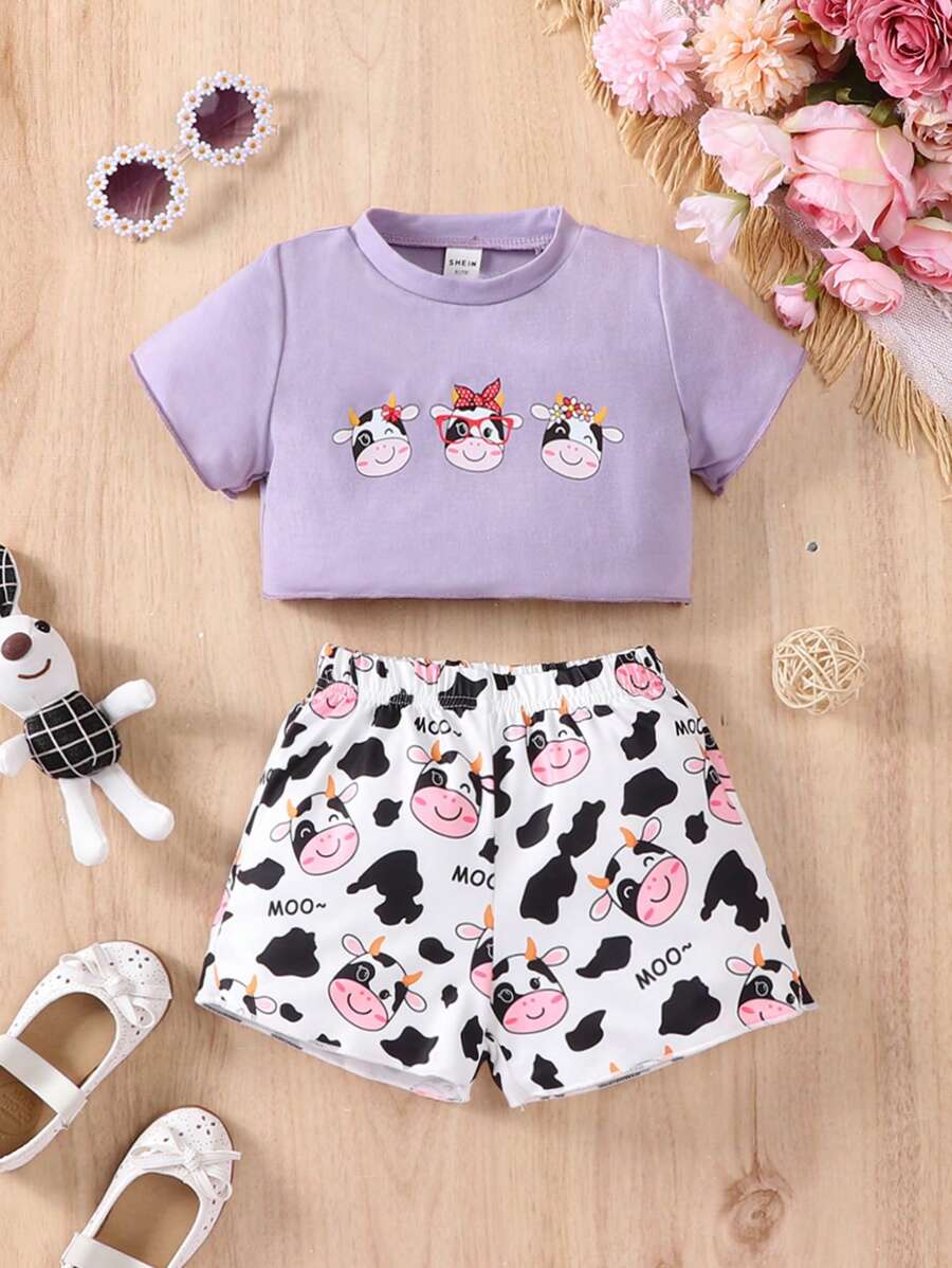 嬰兒奶牛圖案T恤和短褲 - 紫色 - 查看 1