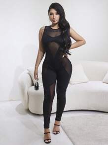 Mono unitard de malla en contraste - Negro - Ver 1
