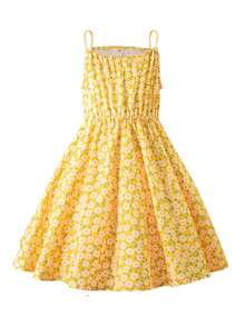 小女童碎花吊帶洋裝 - 黃色 - 查看 2