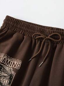 INAWLY Butterfly & Letter Graphic Drawstring Waist Shorts - Coffee Brown - View 3