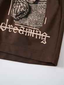 INAWLY Butterfly & Letter Graphic Drawstring Waist Shorts - Coffee Brown - View 5